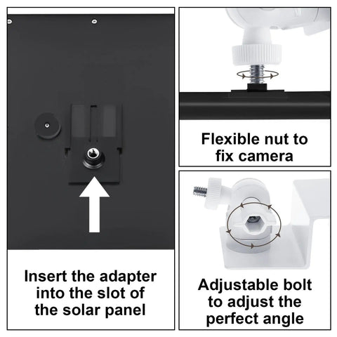 4 Pack Universal Solar Panel Gutter Mounts For Ring Blink Arlo And More White Clip On No Drill Install Weatherproof Aluminum Alloy And ABS Plastic Durable Outdoor Power System Mounts with adapter, nut, and bolt details.