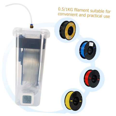 4L Filament Dryer Box For 3D Printer Spools Dehydrator And Storage For PLA PETG ABS TPU Filaments beside colorful spools