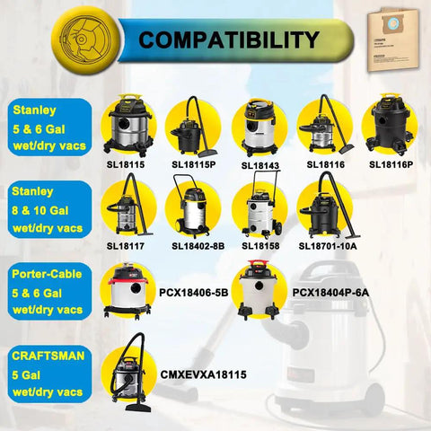 Chart of Ten Pack 19 3100 Shop Vac Bags For Stanley Wet Dry Vacuums Five Gallon Six Gallon Eight Gallon Ten Gallon