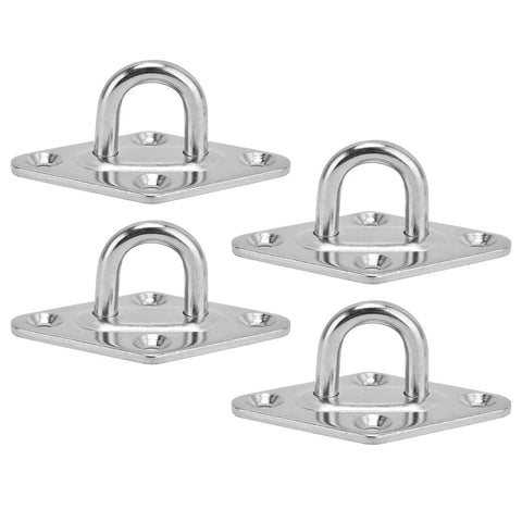 4 Pack Stainless Steel Pad Eye Hooks Set For Heavy Duty Ceiling Mounts And Wall Hangers, Snap Hooks And Pad Eye Plate Kit shown close up