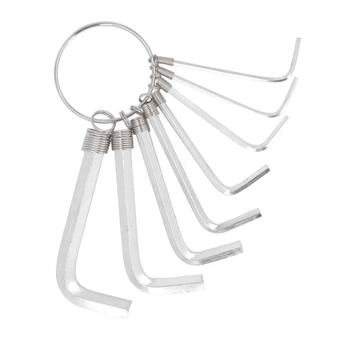 Top Tier Metric Hex Key Wrench Set With Eight Tough Steel Sizes From 1.5Mm To 6Mm Perfect For Heavy Duty Garage Repairs And Auto Mechanics Who Need Reliable Tools That Grip Tight Without Slipping On Any Bolt Or Nut. Metric hex key wrench set, eight silver steel sizes on ring