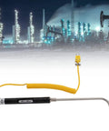 Type K Thermocouple Temperature Probe With Insulated Handle Curved Shank Sensor For Gas And Liquid Temperature Detection Heavy Duty Industrial Grade Heat Resistant Steel Probe With Quick Reliable Readings on industrial background