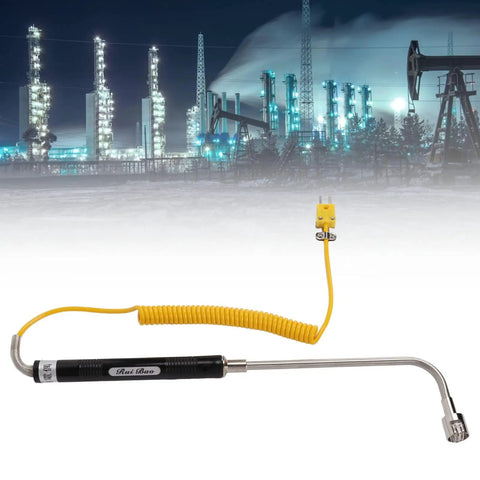 Type K Thermocouple Temperature Probe With Insulated Handle Curved Shank Sensor For Gas And Liquid Temperature Detection Heavy Duty Industrial Grade Heat Resistant Steel Probe With Quick Reliable Readings on industrial background