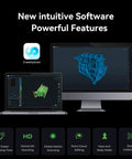 RaptorX Handheld 3D Scanner With Wireless Connectivity software interface on laptop and desktop screen, showcasing 3D scans.