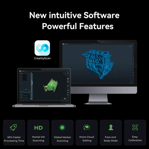 RaptorX Handheld 3D Scanner With Wireless Connectivity software interface on laptop and desktop screen, showcasing 3D scans.