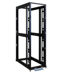 Heavy Duty 48U Four Post Open Frame Server Rack Enclosure Built Like A Tank Rolling Cabinet With Smooth Swivel Casters Black Steel, side view.