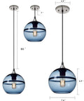 Hand Blown Glass Pendant Lights In Modern Blue With Brushed Nickel Globes, Ideal For Kitchen Island Or Dining Room Table, 7.4 Inch Diameter, Three Pack Set For Easy, High Impact Ambience