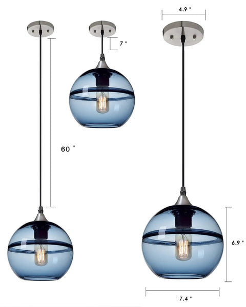 Hand Blown Glass Pendant Lights In Modern Blue With Brushed Nickel Globes, Ideal For Kitchen Island Or Dining Room Table, 7.4 Inch Diameter, Three Pack Set For Easy, High Impact Ambience