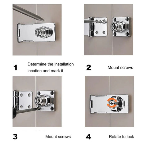 Installation steps of Two Pack Keyed Hasp Locks With Twist Knob For Small Doors And Cabinets, stainless steel security latches.