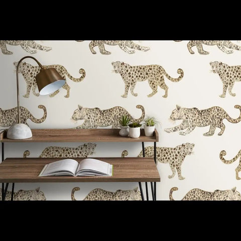 Heavy Duty Leopard Print Wallpaper With A Classic Matte Linen Texture Designed For Busy Kitchens And Bathrooms Because This Stuff Really Hits Different And Holds Up Forever, showcasing leopards on a white background.