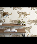 Clean Leopard Print Neutral Vinyl Wall Covering Featuring A Slick Leather Texture And Top Shelf Commercial Durability For Your Next Epic Home Upgrade Now, styled in a modern workspace with desk and lamp.
