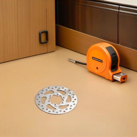 120mm 6-Bolt Stainless Steel Brake Rotor for Electric Scooters and Mountain Bikes, hollow design on a workbench