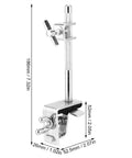 Adjustable Drum Cowbell Mount Holder Clamp in silver showing dimensions, no extra stands needed.