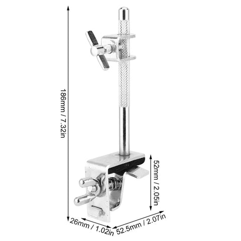 Adjustable Drum Cowbell Mount Holder Clamp in silver showing dimensions, no extra stands needed.