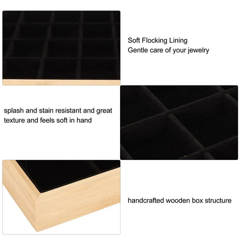 Close-up of Dope Black Wooden Jewelry Tray With 24 Soft Padded Slots For Rings Bracelets Bangles And Chains Scratch Resistant Storage Holder Box.