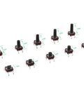 Tactile Pushbutton Switch Kit 200 Pcs 6x6 mm 4 Pin Momentary Assortment with 10 heights from 4.3 to 13 mm displayed in rows.