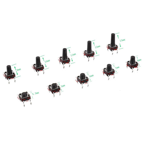 Tactile Pushbutton Switch Kit 200 Pcs 6x6 mm 4 Pin Momentary Assortment with 10 heights from 4.3 to 13 mm displayed in rows.