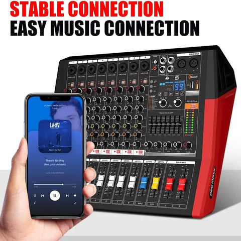 Close-up of Six-Channel Pro Mixer with Bluetooth Sound Bar and Power Amplifier, smartphone showing Bluetooth connectivity