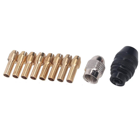 Super Cool Hilitand Brass Drill Chuck Adapter With Keyless Design And Eight Sweet Collet Sizes From One Thirty Second To One Eighth Inch For Woodworking And Engraving Projects That Are Totally Awesome, featuring eight brass collets and keyless chuck.