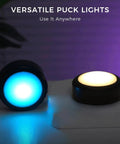 Remote Controlled 6 Pack LED Hockey Puck Lights Battery Powered Wireless Under Cabinet And Baseboard Illumination in blue and white
