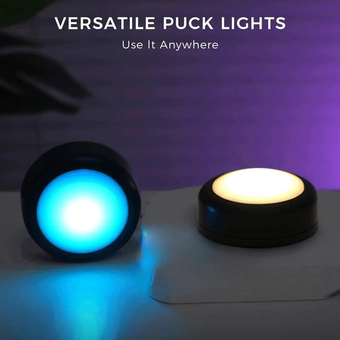 Remote Controlled 6 Pack LED Hockey Puck Lights Battery Powered Wireless Under Cabinet And Baseboard Illumination in blue and white