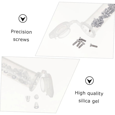 Components of Eyeglass Repair Kit With Silicone Nose Pads Screws And Ear Grips In An Organized Case; showing screws and silicone nose pads.