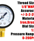 1/8 NPT 200 PSI steel economical all purpose pressure gauge with brass internals, 1.5 inch dial, bottom mount displayed with specs
