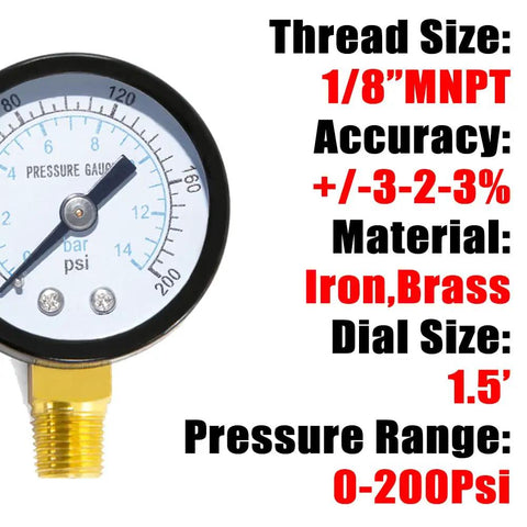 1/8 NPT 200 PSI steel economical all purpose pressure gauge with brass internals, 1.5 inch dial, bottom mount displayed with specs