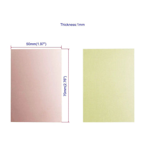 Single Sided Copper Clad PCB Laminate Board FR-4 Glass Fiber 70 By 50 By 1mm Pack Of 10 shown with dimensions 50x70mm