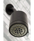 Close-up of Kaiser Triple-Handle Tub and Shower Faucet in Antique Brass highlighting nozzle detail and vintage modern look.
