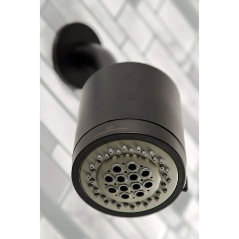 Close-up of Kaiser Triple-Handle Tub and Shower Faucet in Antique Brass highlighting nozzle detail and vintage modern look.