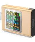 USB C Power Meter Tester For Gearheads With PD3.1 48V PPS QC2.0 QC3.0 FCP VOOC, gold device displaying voltage, current, and power measurements