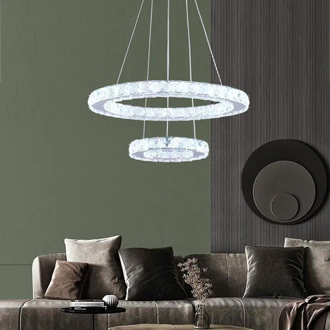 2 Ring Crystal LED Chandelier Pendant Light In Chrome, Dope Modern DIY Adjustable Multi Ring Ceiling Fixture for Living Room
