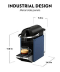 Pixie Espresso Machine By DeLonghi in Dark Blue showing front view with dimensions and metal side panels for compact home brewing.