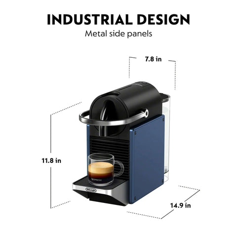 Pixie Espresso Machine By DeLonghi in Dark Blue showing front view with dimensions and metal side panels for compact home brewing.