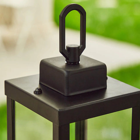 Close-up of modern matte black top of Rugged Outdoor Post Light With E26 Socket Waterproof And Anti Rust Build, showing handle design.