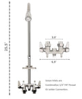 Dimensions and components of Outdoor Shower Fixture System With Rustproof Riser And Extension, Double Handle Faucet, Polished Chrome.
