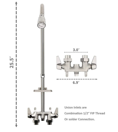 Dimensions and components of Outdoor Shower Fixture System With Rustproof Riser And Extension, Double Handle Faucet, Polished Chrome.