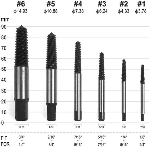 Six Piece Damaged Screw Extractor Set In Chrome Vanadium Steel For Busted Bolts And Stripped Screws Broken Bolt Remover Kit With Sizes 1 2 3 4 5 6 Durable Tools