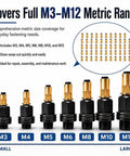 Premium Carbon Steel Rivet Nut Tool Set With Mandrel And M3 Through M12 Nuts For Heavy Duty Industrial DIY Projects Featuring Dual Bearings For Less Friction And Tough Lasting Performance. M3-M12 metric range insert nuts shown