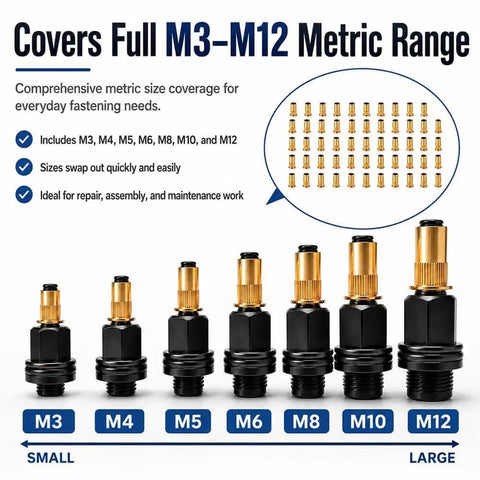 Premium Carbon Steel Rivet Nut Tool Set With Mandrel And M3 Through M12 Nuts For Heavy Duty Industrial DIY Projects Featuring Dual Bearings For Less Friction And Tough Lasting Performance. M3-M12 metric range insert nuts shown