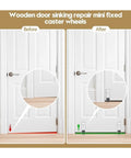 Before and after image of wooden door with mini fixed caster wheels for sinking repair, showing installation difference.