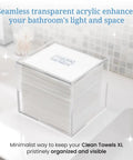 No Fuss Clear Acrylic Storage Box For Towels And Towelettes Countertop Dispenser Bin holds fifty wipes, clear design enhances bathroom décor.