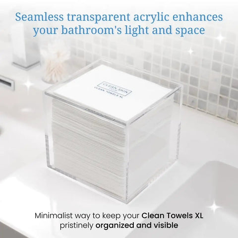 No Fuss Clear Acrylic Storage Box For Towels And Towelettes Countertop Dispenser Bin holds fifty wipes, clear design enhances bathroom décor.