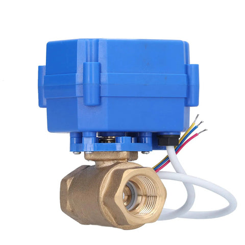 Top Tier Heavy Duty DC12V Brass Electric Ball Valve Shutoff with blue actuator and brass body for water control.