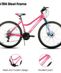 26 Inch Women's Mountain Bike With Step Through Frame Durable Carbon Steel Build 18 Speed Gearing Front Suspension Fork For Smooth Rides All Terrain MTB For Women And Men Bright Pink