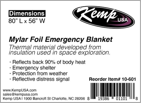 Label of Emergency Mylar Blanket Set, 25 Lightweight Thermal Reflective Survival Blankets for Camping, dimensions 80x56 inches.