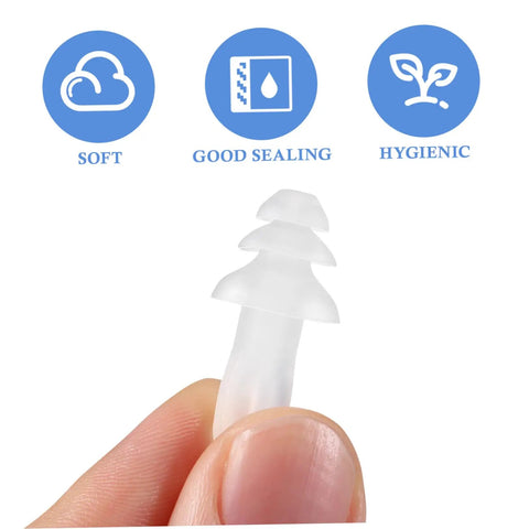 Snag These 40 Count Reusable Silicone Ear Plugs Soft Tight Seal Keeps Ears Dry Swimming Or Showering Noise Blocking Cushions are soft ear plug in hand.