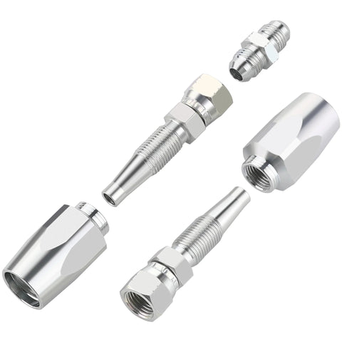Exploded view of ANCIMOON 3/8 in reusable hydraulic fittings, size #06, 2pc hose repair kit components