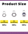 150 Pcs Metric 304 Stainless Steel M6 Hex Lock Nuts, Flat Washers, Split Lock Washers Kit sizes shown with labels